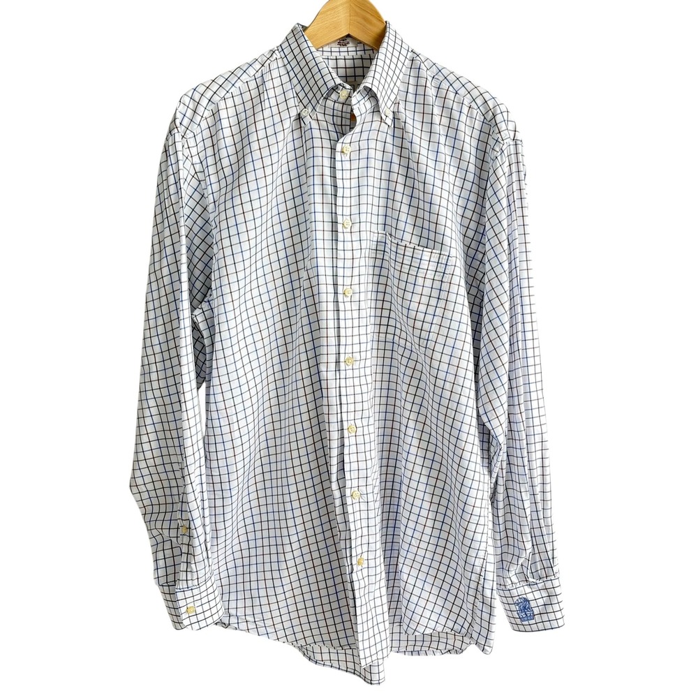 Peter Millar Check‎ Plaid Button Down Shirt 100% Cotton Blue Brown Sz L Preppy